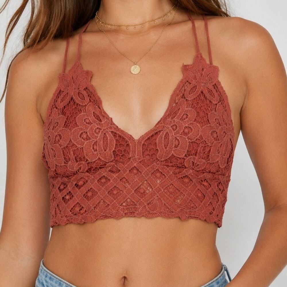 Free People FP One Lace Bralette Crop Top Dusty Rose Size L Floral Crochet Boho